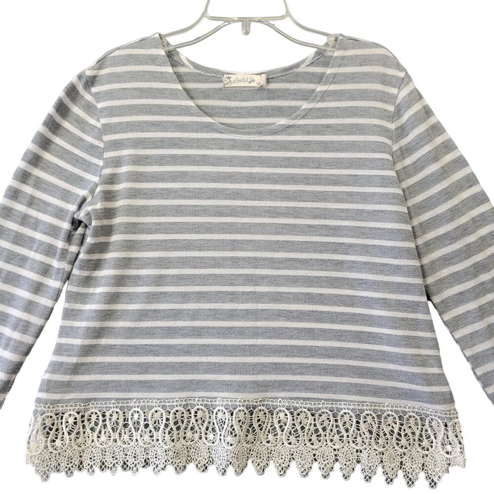 Spoiled Gray White Stripe Shirt Lace Hem Top Long Sleeve Scoop Neck Women Size L